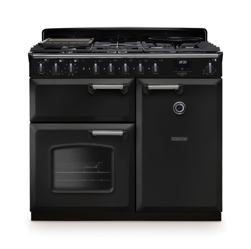 Rangemaster Classic Deluxe CLDL100DFPCBL/CM1 100cm Dual Fuel Charcoal Black/Chrome