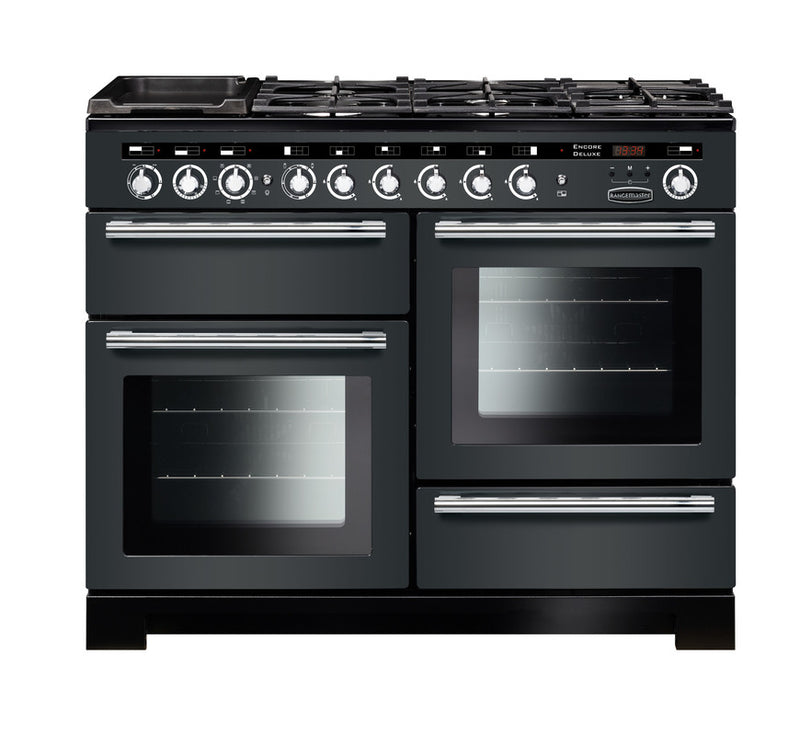 Rangemaster Encore Deluxe 110cm Dual Fuel Range Cooker Slate with Chrome