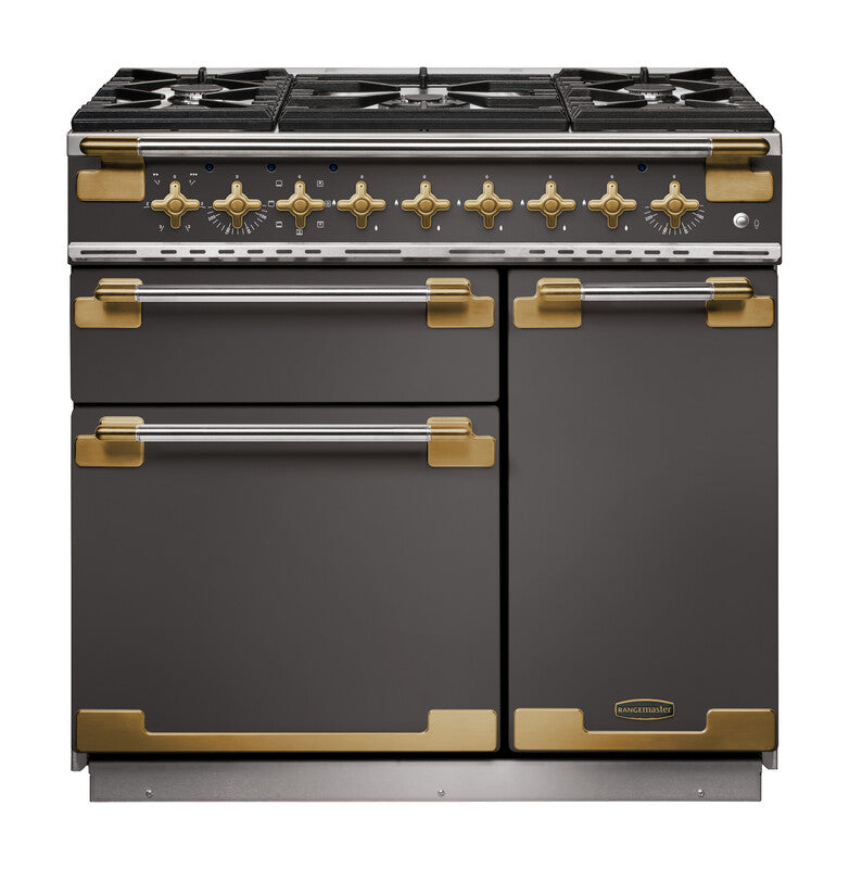 Rangemaster Elise Luxe ELS90DFFSL/AB 90cm Dual Fuel Range Cooker Slate with Antique Brass