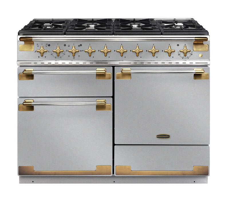 Rangemaster Elise Luxe ELS110DFFSS/AB 110cm Dual Fuel Range Cooker in Stainless Steel with Antique Brass