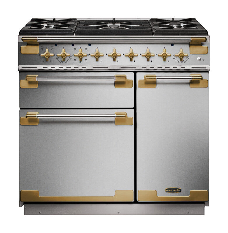Rangemaster Elise Luxe ELS90DFFSS/AB 90cm Dual Fuel Range Cooker Stainless Steel with Antique Brass