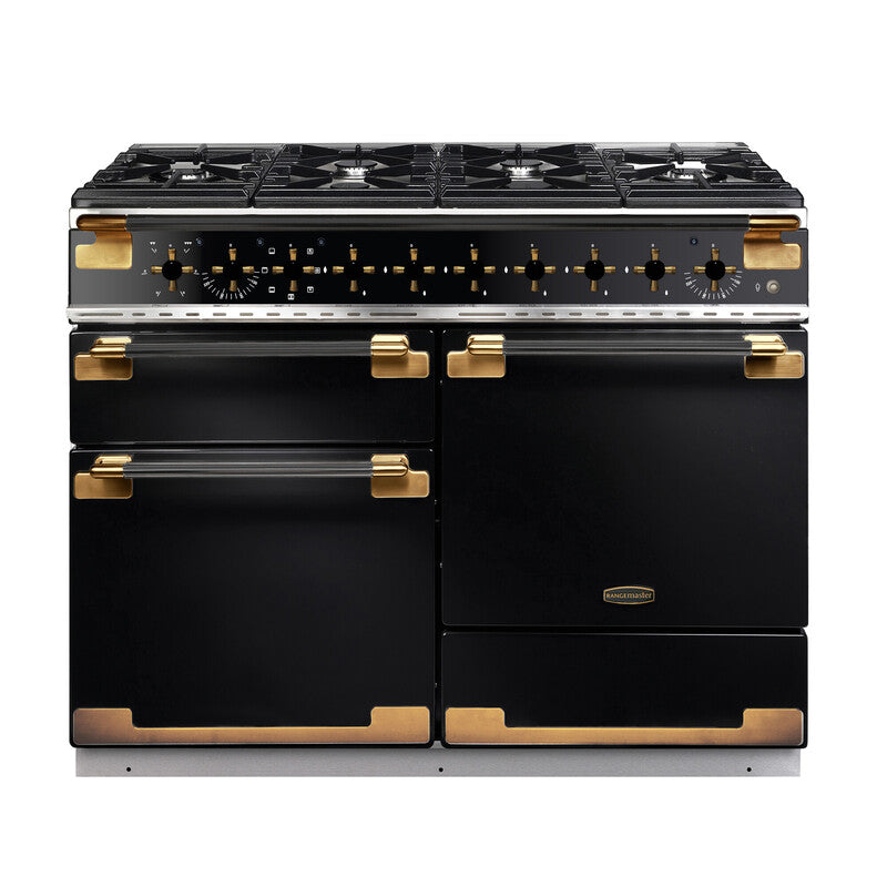 Rangemaster Elise Luxe ELS110DFFGB/BE 110cm Dual Fuel Range Cooker in Black with Black Antique Brass