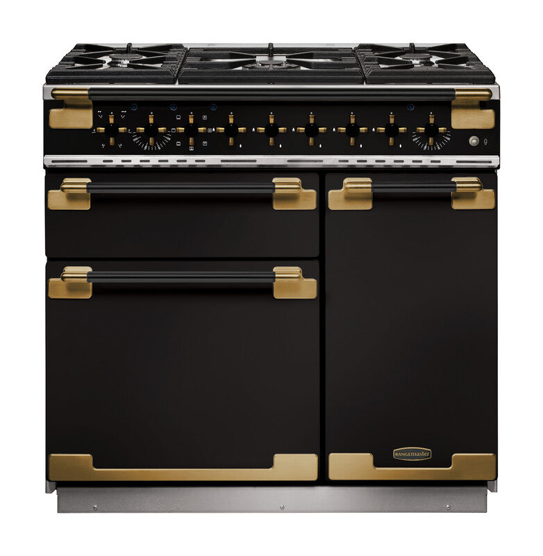 Rangemaster Elise Luxe ELS90DFFGB/BE 90cm Dual Fuel Range Cooker Black with Black Antique Brass