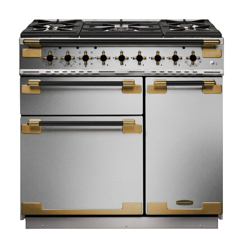 Rangemaster Elise Luxe ELS90DFFSS/BE 90cm Dual Fuel Range Cooker Stainless Steel with Black Antique Brass