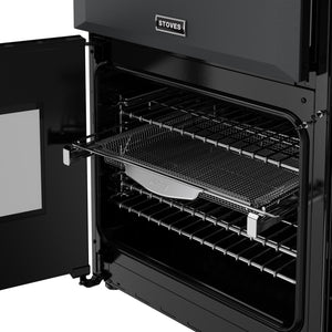 Anthracite grey 90cm dual fuel range cooker oven open with wire racks and tray, Eastbourne Uckfield free delivery. - DB Domestics