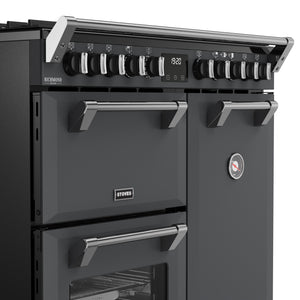 Anthracite grey Stoves Richmond Deluxe 90cm dual fuel range cooker with six burner knobs, double oven, and chrome handles,. - DB Domestics