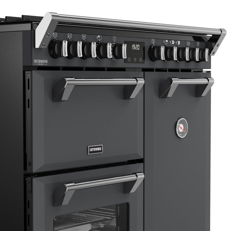 Anthracite grey Stoves Richmond Deluxe 90cm dual fuel range cooker with six burner knobs, double oven, and chrome handles,. - DB Domestics