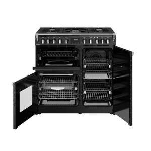 Anthracite grey 90cm dual fuel range cooker with six burners and multiple ovens open, offered with Free Delivery in. - DB Domestics