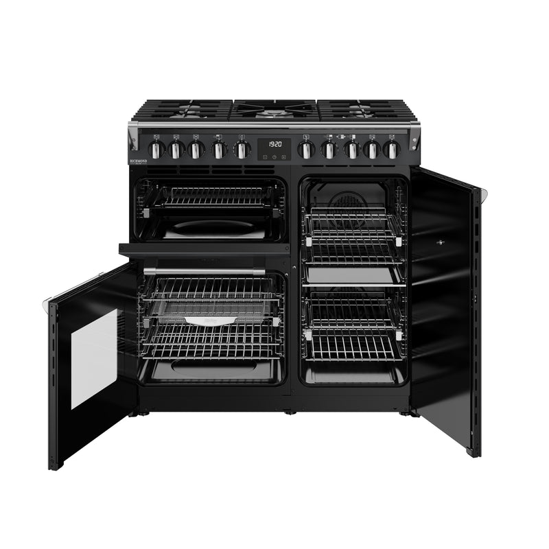 Anthracite grey 90cm dual fuel range cooker with six burners and multiple ovens open, offered with Free Delivery in. - DB Domestics
