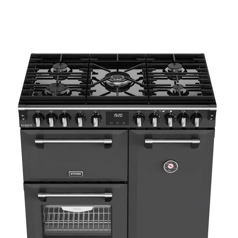 Anthracite grey 90cm dual fuel range cooker with five gas burners, two ovens, and stainless steel handles – Eastbourne,. - DB Domestics
