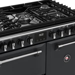 Anthracite grey 90cm dual fuel range cooker with six gas burners and digital control panel, Free Delivery to Eastbourne and. - DB Domestics