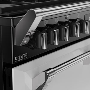 Ice white Stoves Richmond Deluxe 90cm dual fuel range cooker knobs with stainless steel trim, Eastbourne Uckfield Free. - DB Domestics