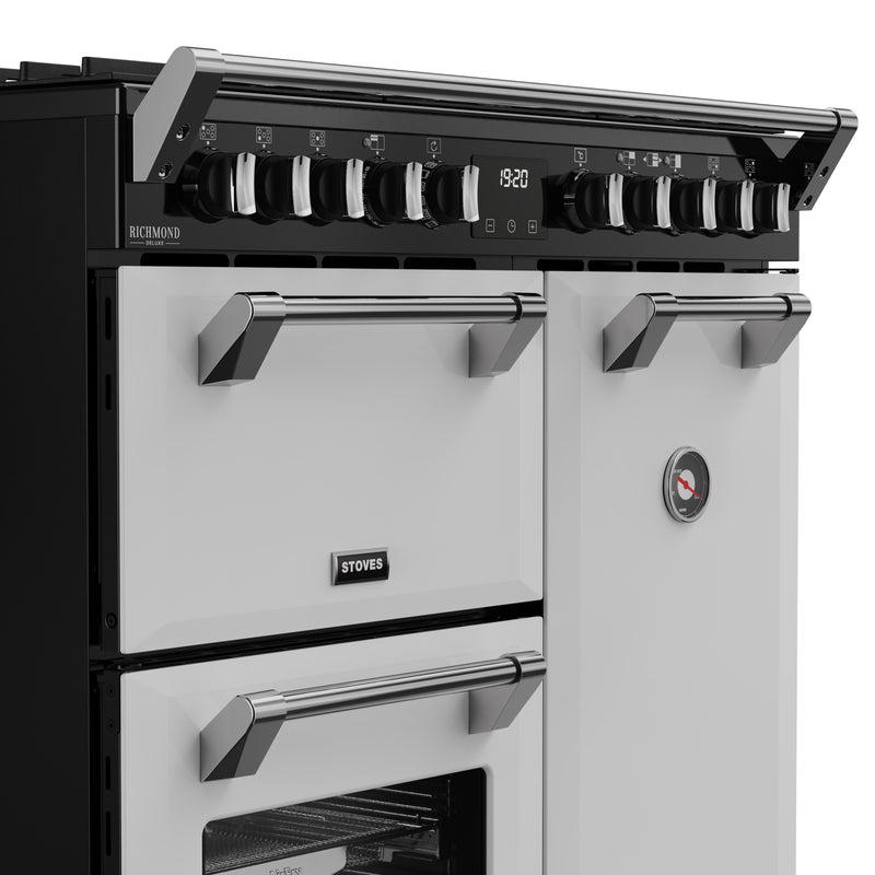 Ice white Stoves Richmond Deluxe 90cm dual fuel range cooker with chrome handles, Eastbourne Uckfield Free Delivery. - DB Domestics