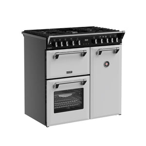 90cm dual fuel range cooker in ice white with black handles and six control knobs, available Eastbourne and Uckfield with. - DB Domestics