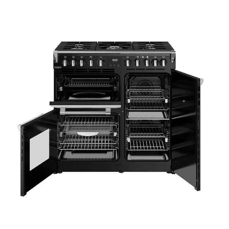 90cm black dual fuel range cooker with multiple ovens and racks, Eastbourne Uckfield Free Delivery. - DB Domestics