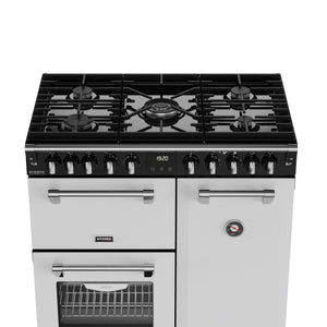 Ice white 90cm dual fuel range cooker with five burners and three oven doors, Eastbourne Uckfield Free Delivery. - DB Domestics