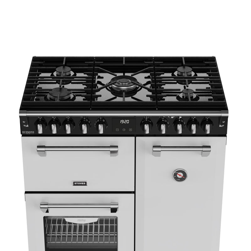 Ice white 90cm dual fuel range cooker with five burners and three oven doors, Eastbourne Uckfield Free Delivery. - DB Domestics