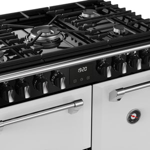 Ice white 90cm dual fuel range cooker with six gas burners and digital display, free delivery Eastbourne Uckfield. - DB Domestics