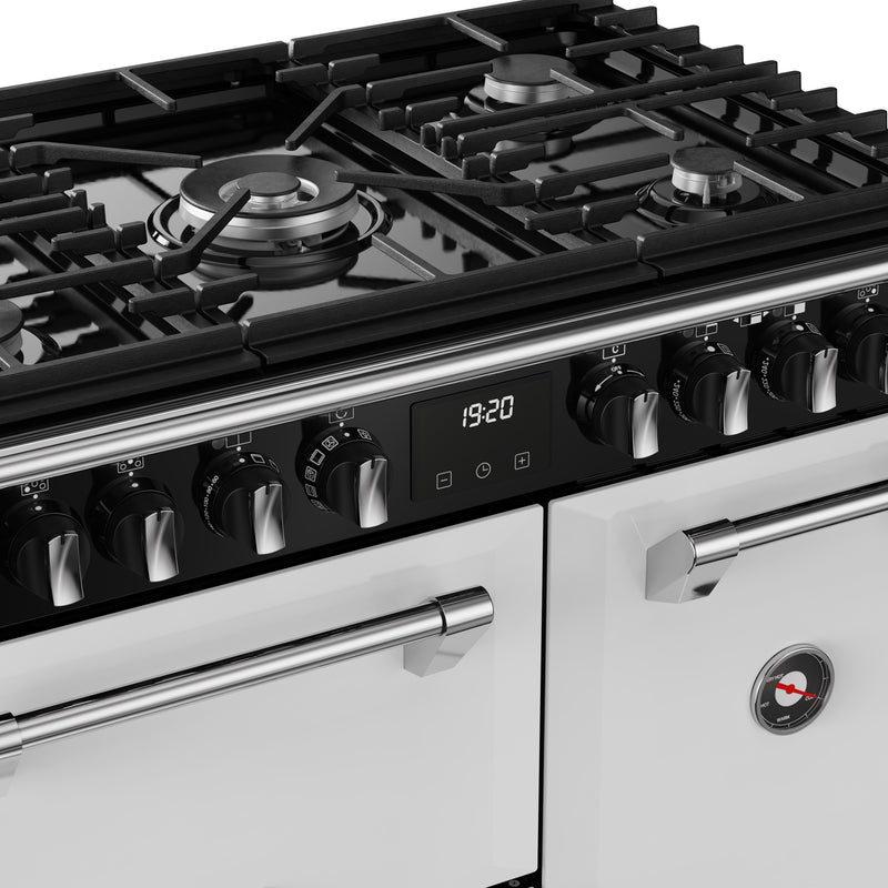 Ice white 90cm dual fuel range cooker with six gas burners and digital display, free delivery Eastbourne Uckfield. - DB Domestics