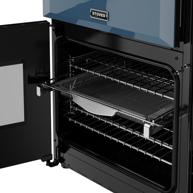 Twilight blue Stoves Richmond Deluxe 90cm dual fuel range cooker oven open with racks Eastbourne Uckfield Free Delivery. - DB Domestics