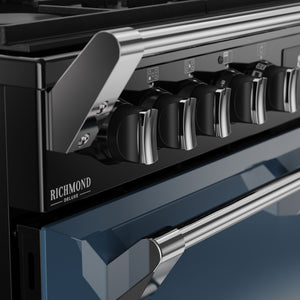 Twilight blue Stoves Richmond Deluxe 90cm dual fuel range cooker with black control knobs, available Eastbourne, Uckfield,. - DB Domestics