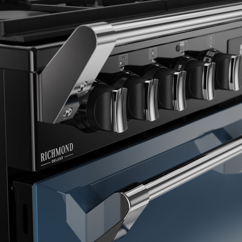 Twilight blue Stoves Richmond Deluxe 90cm dual fuel range cooker with black control knobs, available Eastbourne, Uckfield,. - DB Domestics