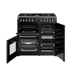 Twilight blue 90cm dual fuel range cooker with open double ovens, multiple racks, and black handles, Free Delivery. - DB Domestics