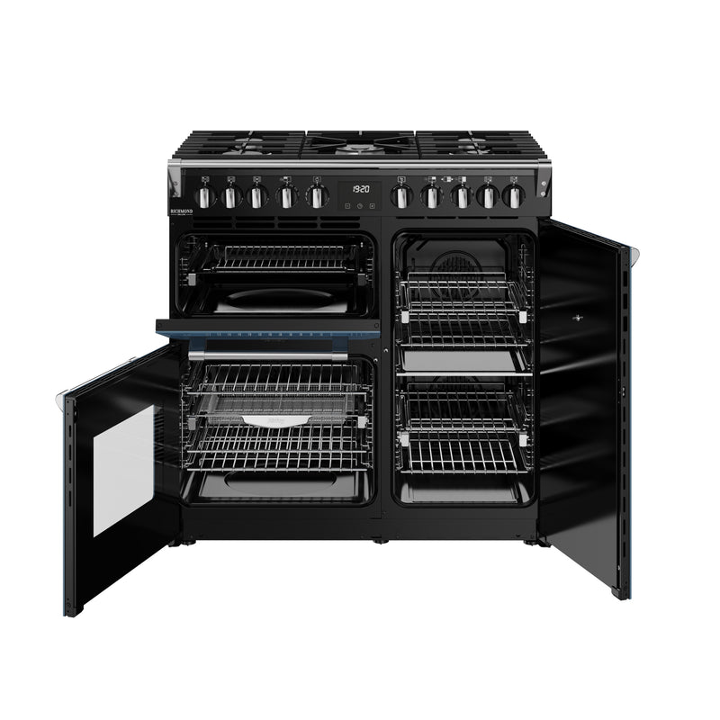 Twilight blue 90cm dual fuel range cooker with open double ovens, multiple racks, and black handles, Free Delivery. - DB Domestics