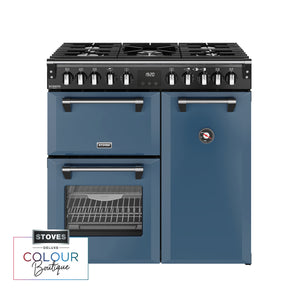 Twilight blue 90cm dual fuel range cooker with six burners, triple oven, and chrome handles, Eastbourne Uckfield Free. - DB Domestics