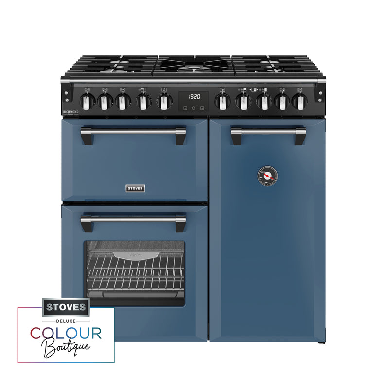 Twilight blue 90cm dual fuel range cooker with six burners, triple oven, and chrome handles, Eastbourne Uckfield Free. - DB Domestics