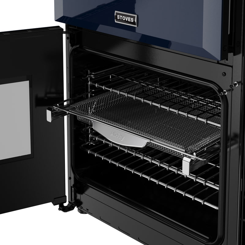 Midnight blue Stoves Richmond Deluxe 90cm dual fuel range cooker open oven with wire racks Eastbourne Uckfield Free Delivery. - DB Domestics