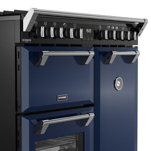 Midnight blue 90cm dual fuel range cooker with six burner knobs and triple oven doors, free delivery Eastbourne Uckfield. - DB Domestics