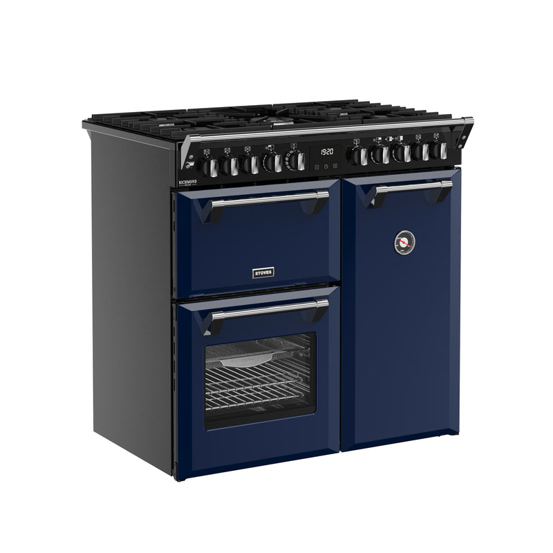 Midnight blue 90cm dual fuel range cooker with six burners and three ovens, Eastbourne Uckfield Free Delivery. - DB Domestics