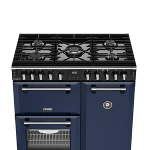 Midnight blue 90cm dual fuel range cooker with six burners, two ovens, and silver handles, Eastbourne Uckfield Free Delivery. - DB Domestics