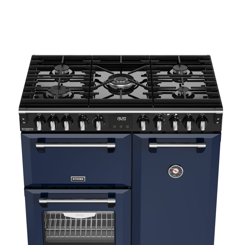 Midnight blue 90cm dual fuel range cooker with six burners, two ovens, and silver handles, Eastbourne Uckfield Free Delivery. - DB Domestics