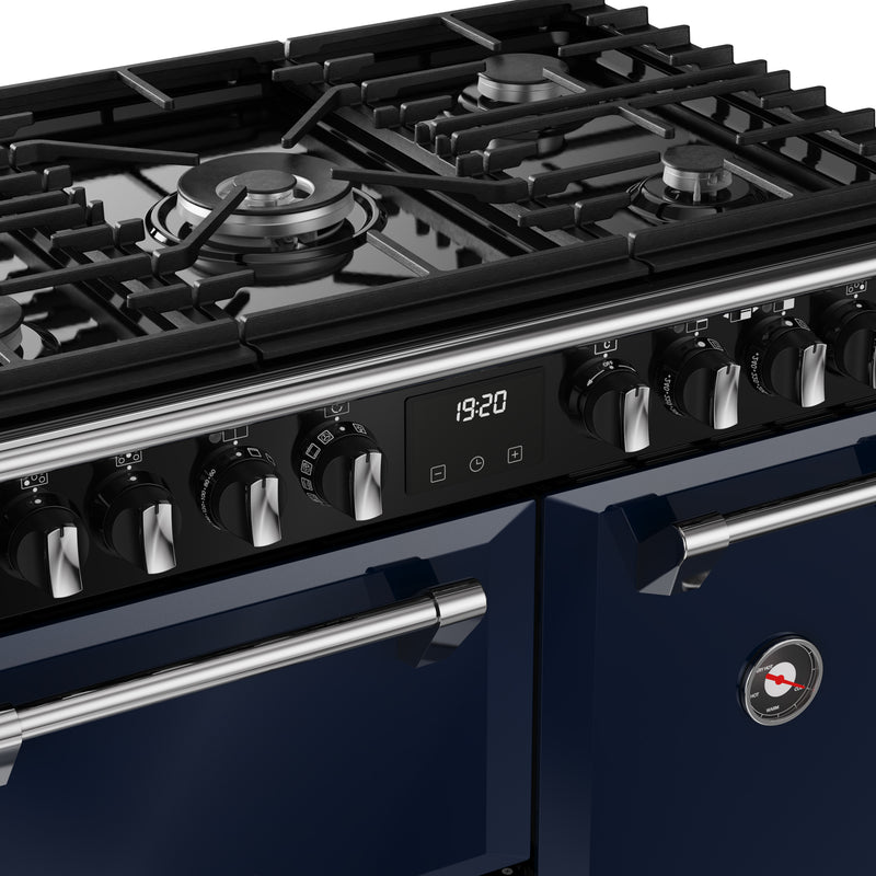 Midnight blue 90cm dual fuel range cooker with black gas burners, control knobs, and digital clock, Free Delivery Eastbourne . - DB Domestics