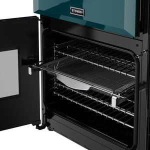 Deep marine blue Stoves Richmond Deluxe 90cm dual fuel range cooker with open oven door and adjustable wire racks, delivered . - DB Domestics