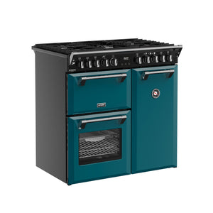 Deep marine blue 90cm dual fuel range cooker with six gas burners, two ovens, and chrome handles, available with free. - DB Domestics