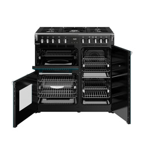 Deep marine 90cm dual fuel range cooker with six burners, two open oven doors showing wire racks, available in Eastbourne. - DB Domestics