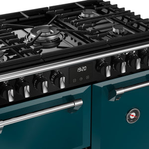 Deep marine blue 90cm dual fuel range cooker with black burner grates and stainless steel handles, available in Eastbourne. - DB Domestics