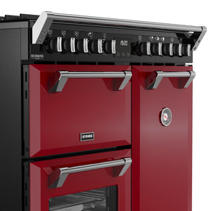 Garnet red 90cm dual fuel range cooker with six black and chrome knobs, triple oven doors, and stainless steel handles –. - DB Domestics