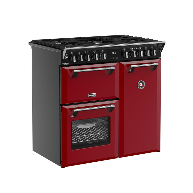 Garnet red 90cm dual fuel range cooker with six burners, two ovens, and chrome handles, Free Delivery Eastbourne Uckfield. - DB Domestics