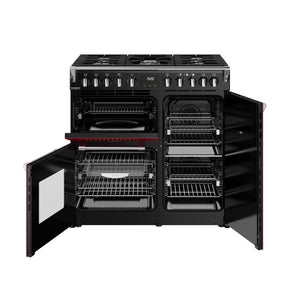 Garnet red 90cm dual fuel range cooker with open ovens, six burner gas hob, delivered free to Eastbourne and Uckfield. - DB Domestics