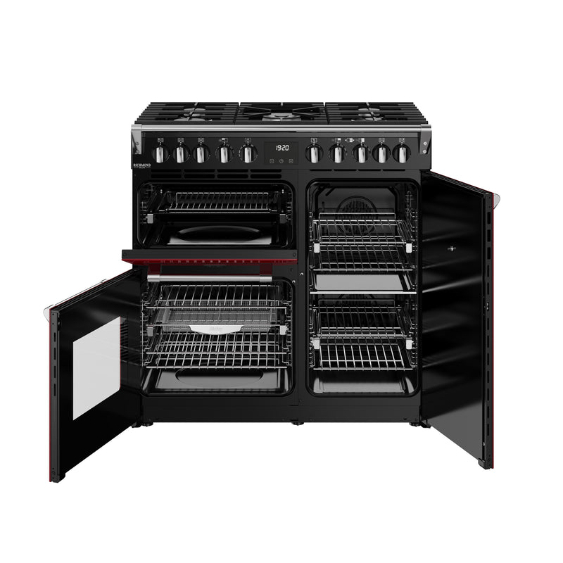 Garnet red 90cm dual fuel range cooker with open ovens, six burner gas hob, delivered free to Eastbourne and Uckfield. - DB Domestics