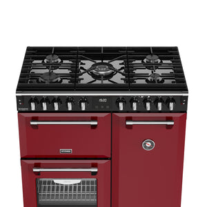 Garnet red 90cm dual fuel range cooker with five burners and double ovens, Eastbourne Uckfield Free Delivery. - DB Domestics