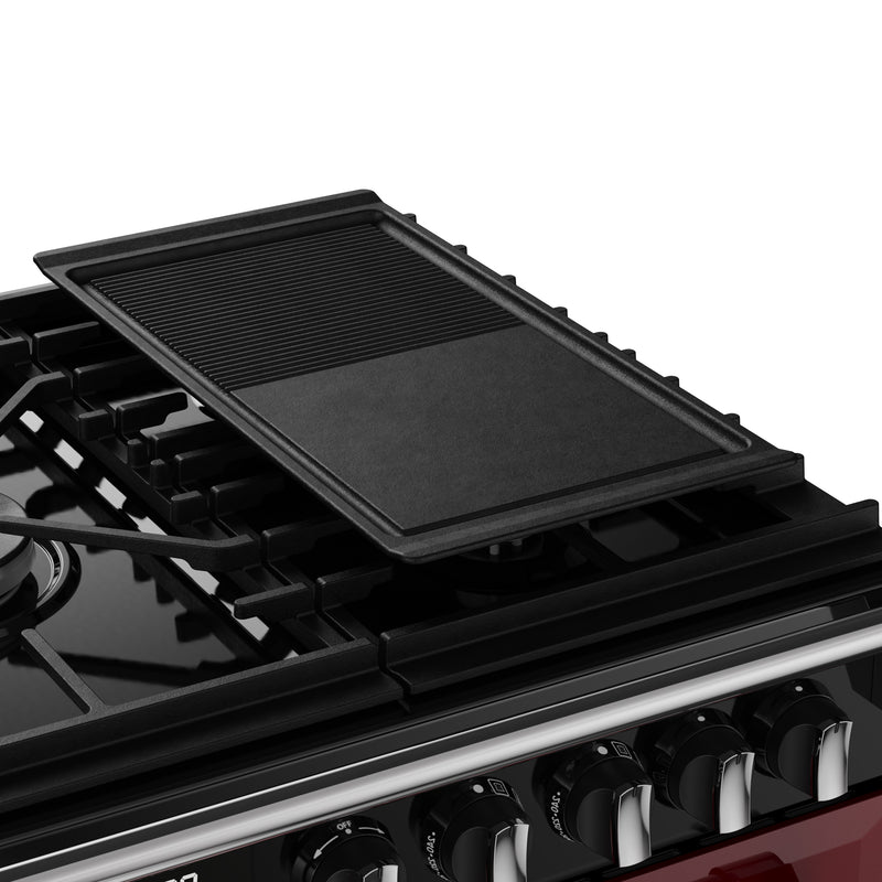 Black cast iron griddle on Garnet Red 90cm dual fuel range cooker with six burner controls Eastbourne Uckfield Free Delivery. - DB Domestics