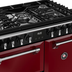 Garnet red 90cm Stoves Richmond Deluxe dual fuel range cooker with black burners and silver knobs, free delivery Eastbourne. - DB Domestics
