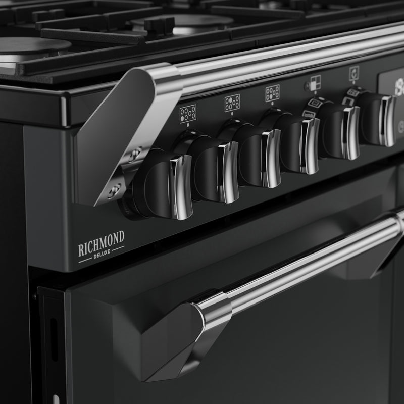 Anthracite grey 100cm dual fuel range cooker with chrome handles and control knobs, Richmond Deluxe model, Eastbourne. - DB Domestics