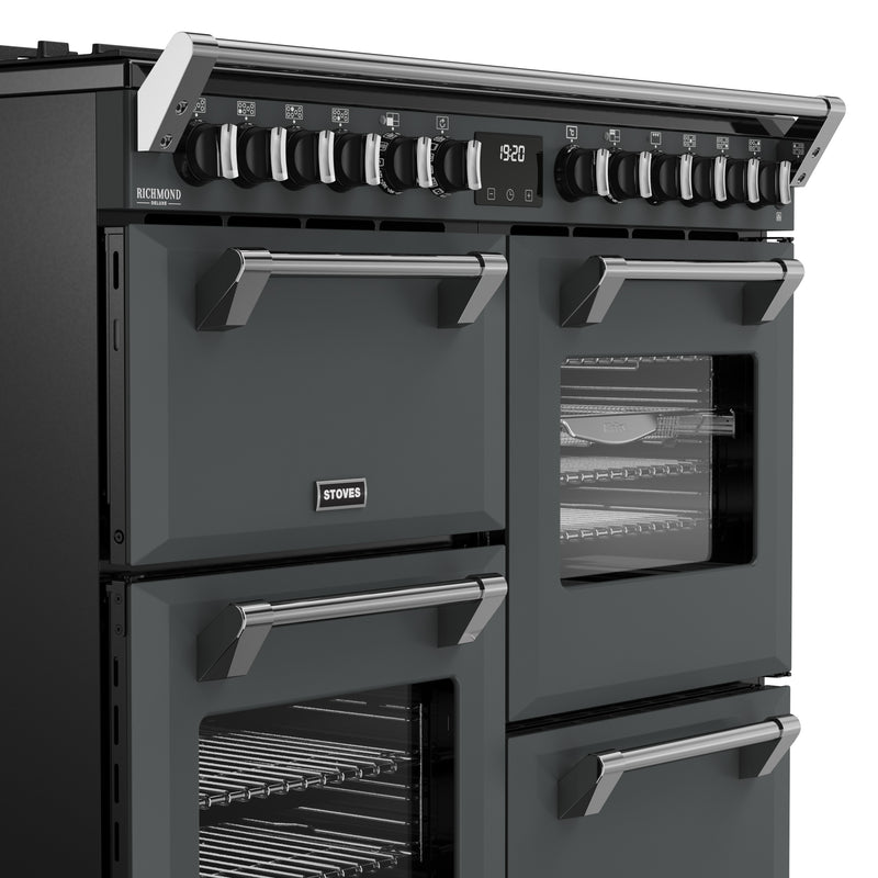 Anthracite grey 100cm dual fuel range cooker with six burners, three ovens, and stainless steel handles Free Delivery. - DB Domestics