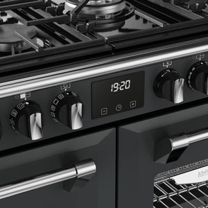 Anthracite grey 100cm dual fuel range cooker with digital clock, stainless steel handles, gas burner controls; Free Delivery . - DB Domestics